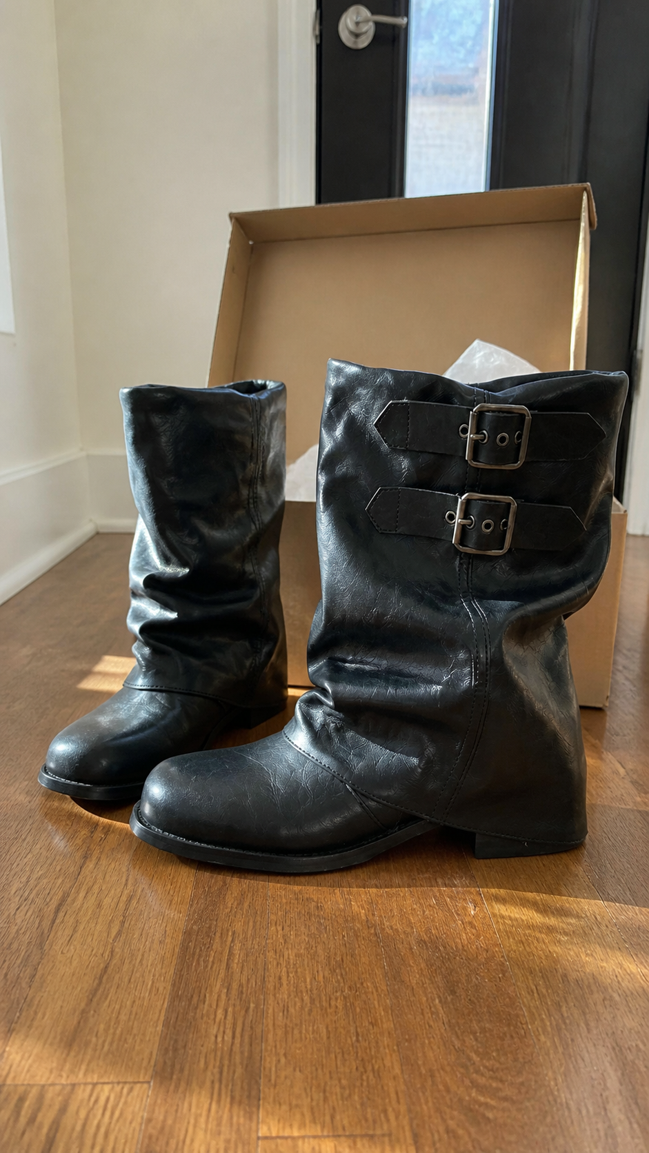 Black Buckled Wrinkle-Shaft Leather Boots Black natural UGC showcase 5