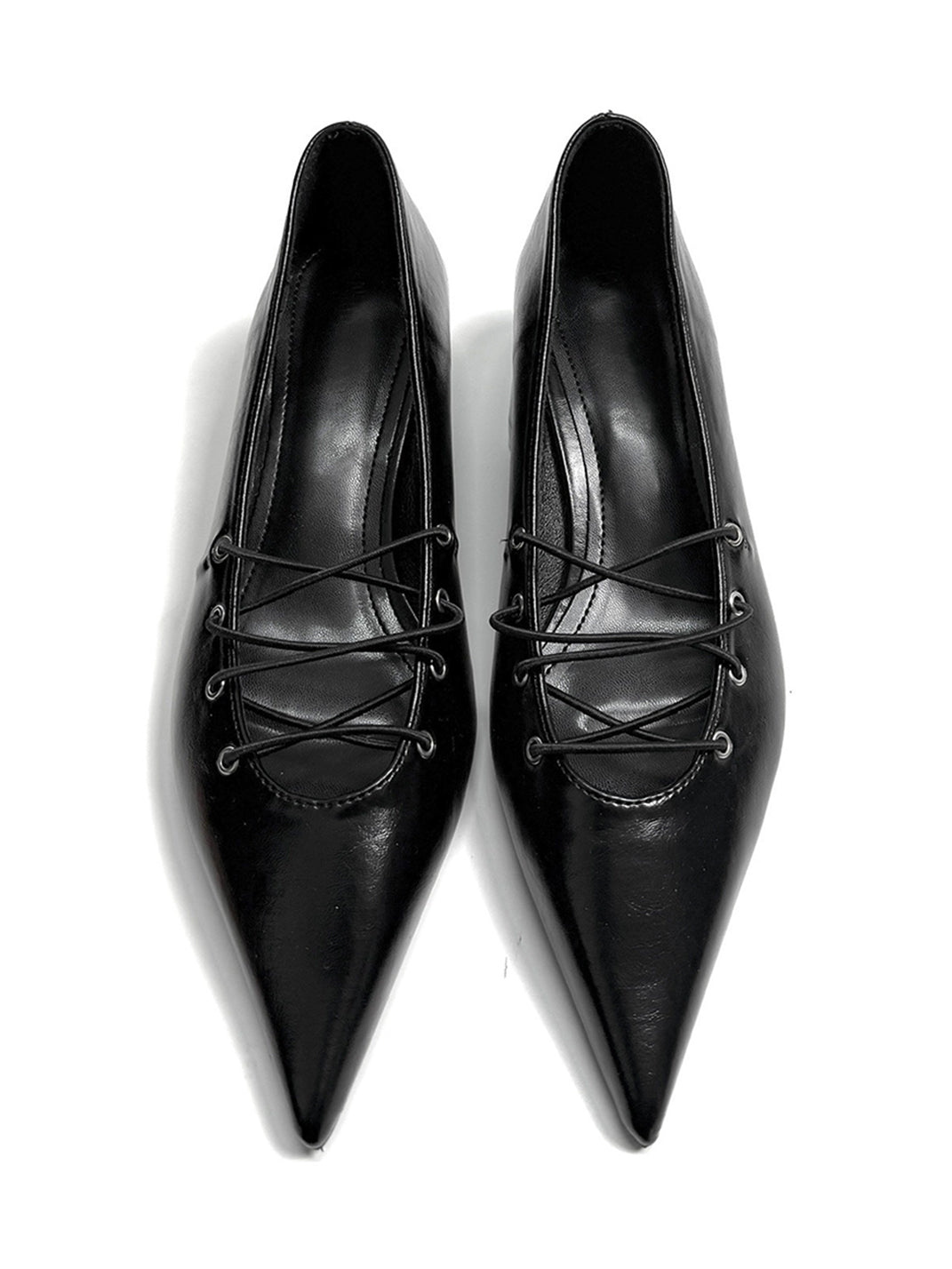 Black Corset-Lace Pointed Ballet Flats - View 7
