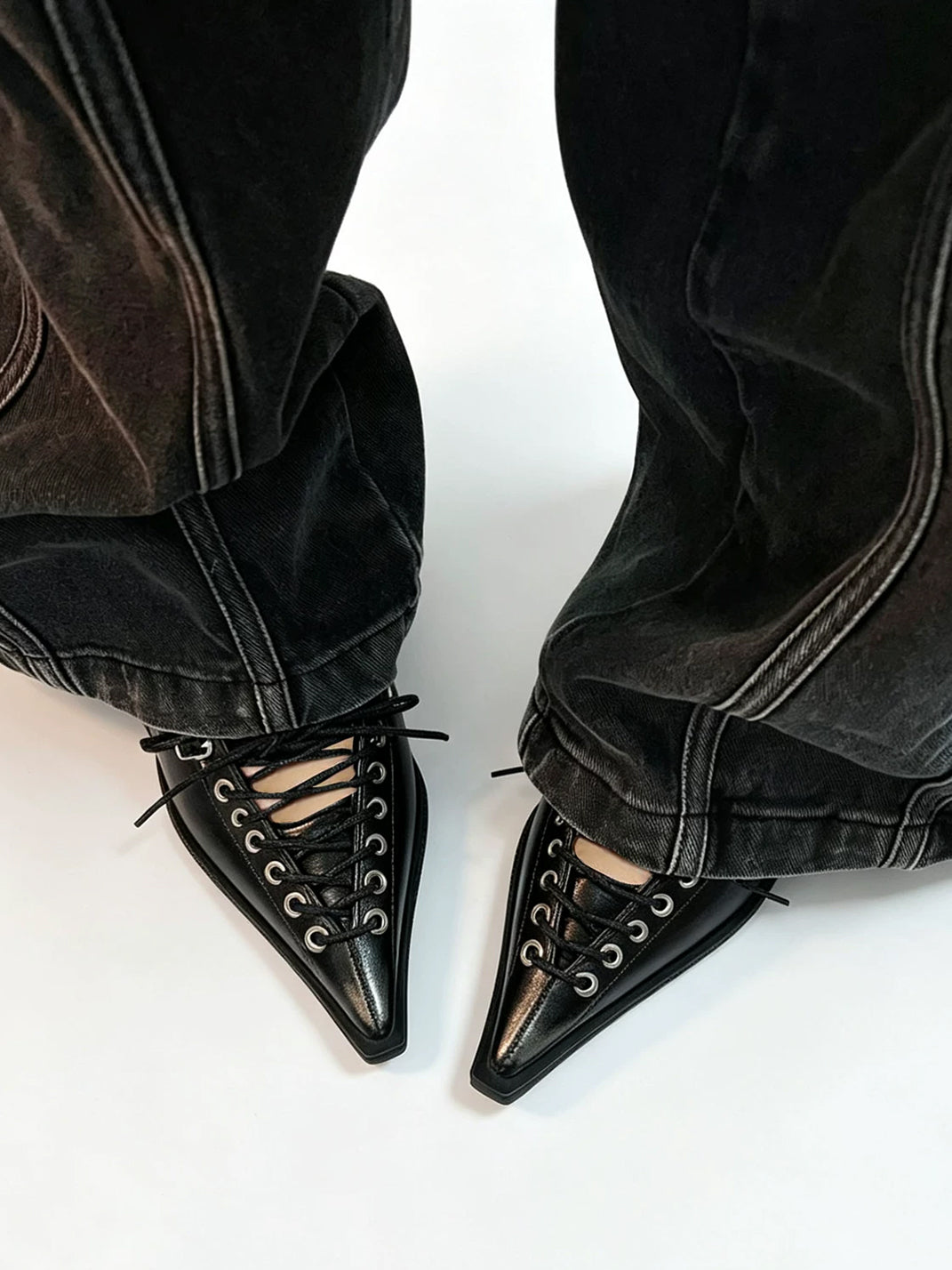 Black Corset-Lace Pointed Stiletto Pumps - View 2