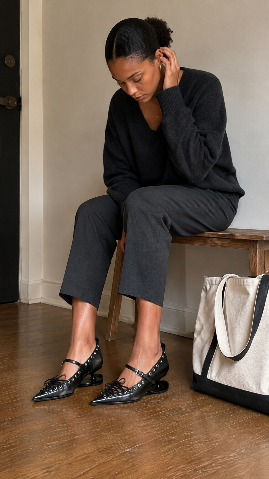 Black Corset-Lace Pointed Stiletto Pumps — Entryway — leaving home; AI-generated lifestyle showcase