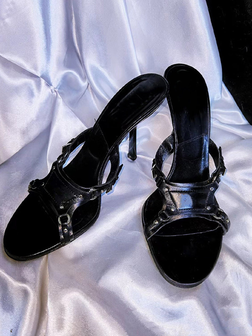 Black Cross-Strap Open-Toe Stiletto Sandals - View 3