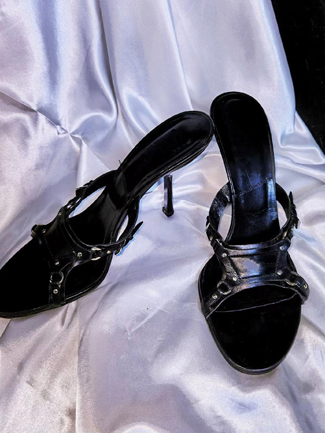 Black Cross-Strap Open-Toe Stiletto Sandals - View 4