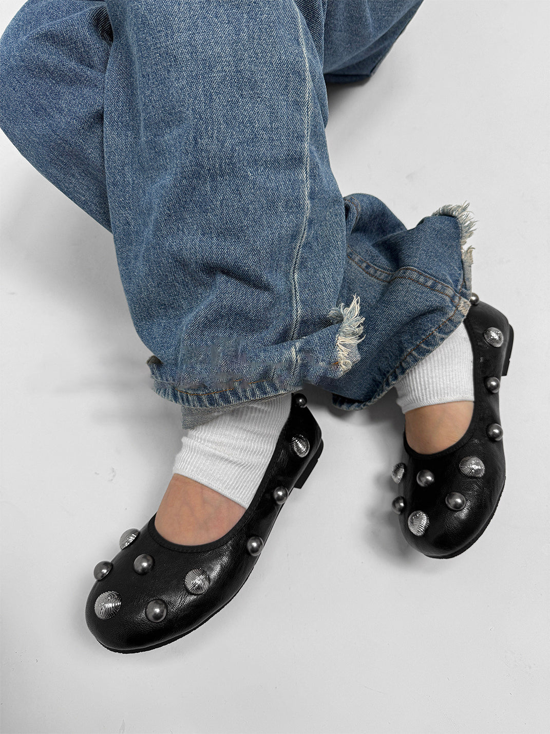 Black Crystal-Stud Ballet Flats - View 6