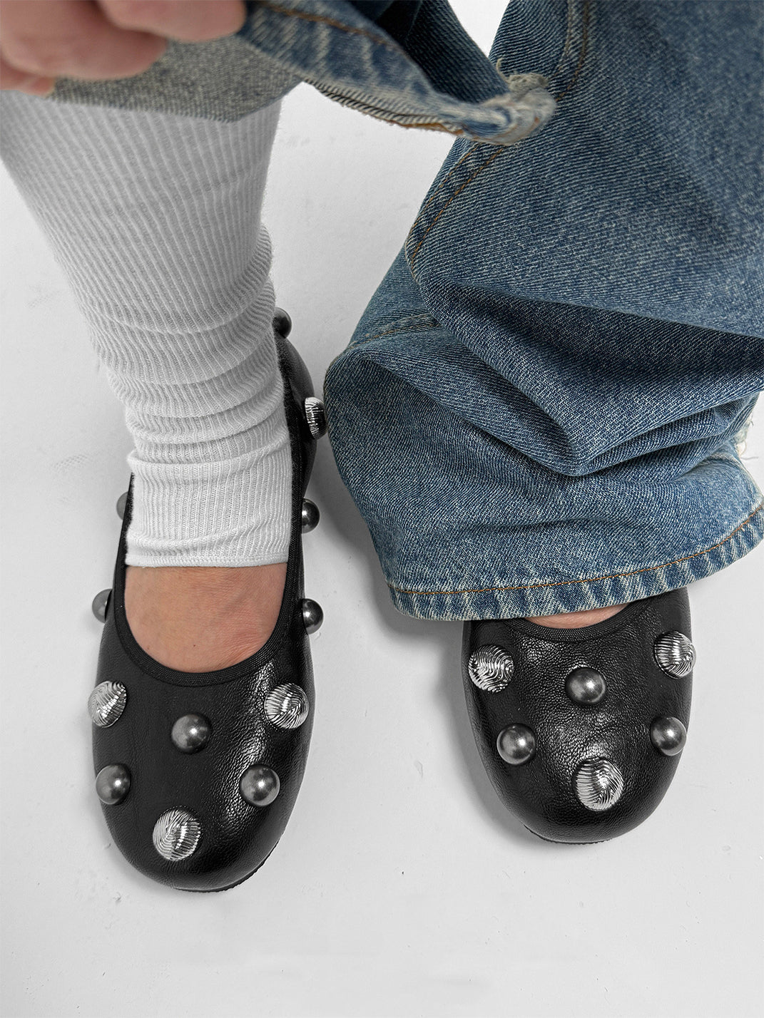 Black Crystal-Stud Ballet Flats - View 7