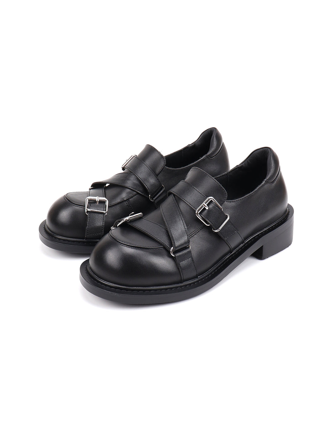 Black Double-Buckle Block-Heel Loafers - View 5