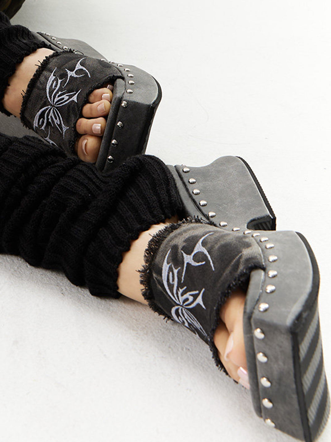 Black Embroidered Butterfly Platform Mules - View 12