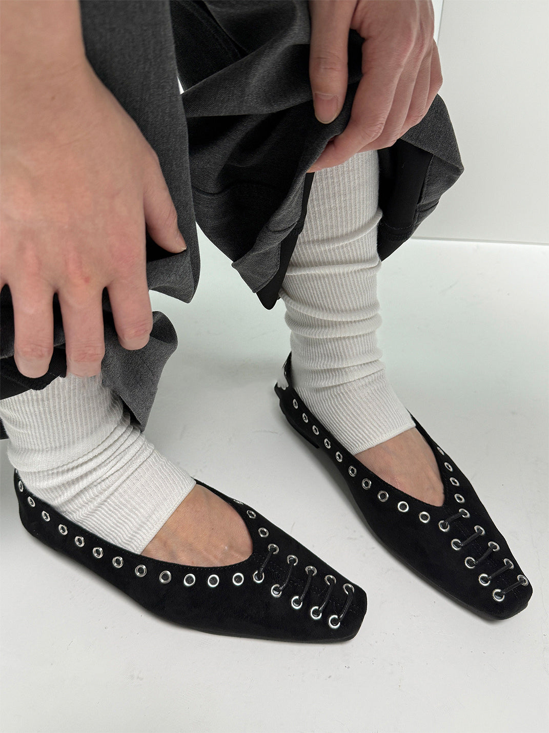 Black Eyelet-Trim Square-Toe Ballet Flats - View 2