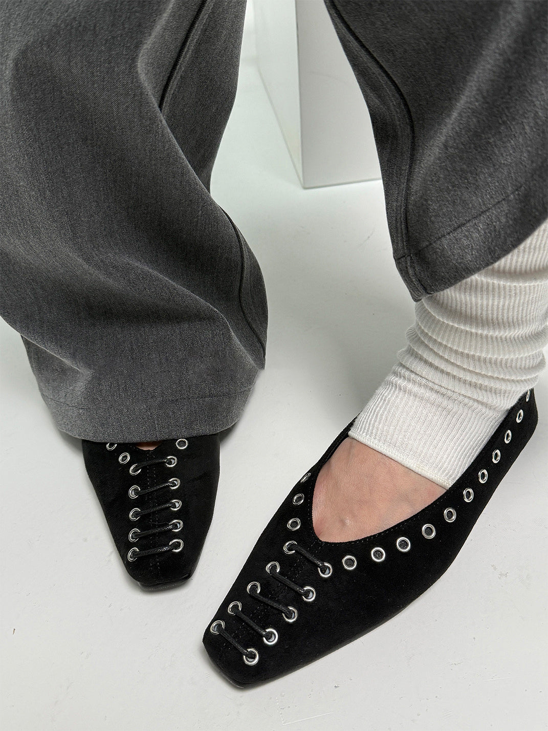 Black Eyelet-Trim Square-Toe Ballet Flats - View 4