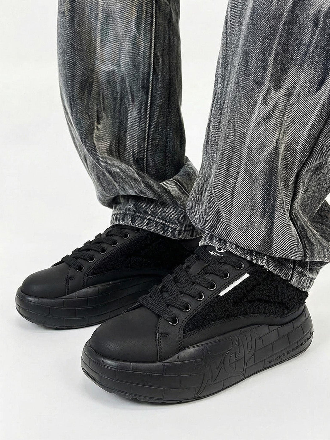 Black Fleece-Panel Platform Sneakers - View 2