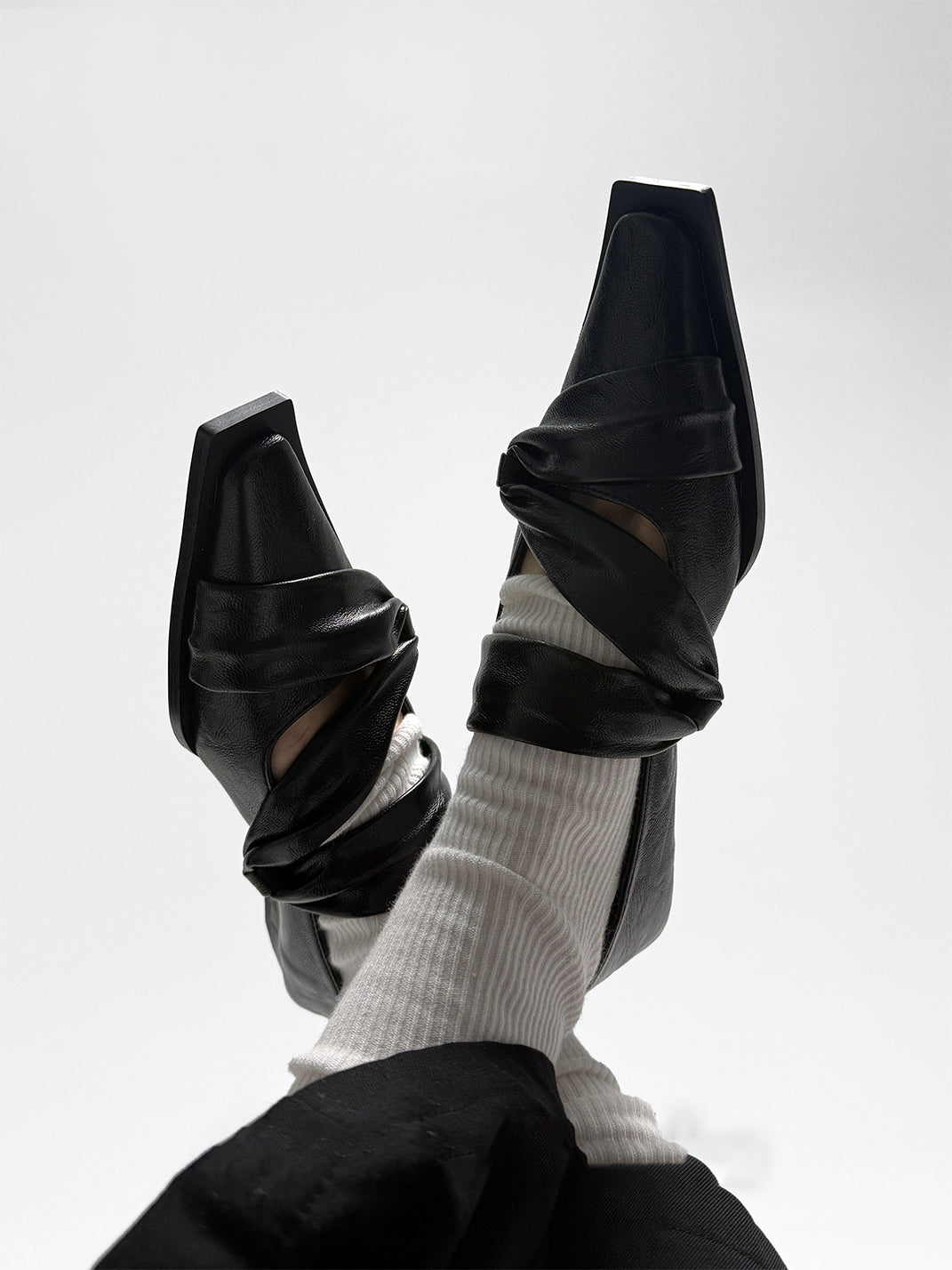 Black Knotted Square-Toe Leather Flats - View 3