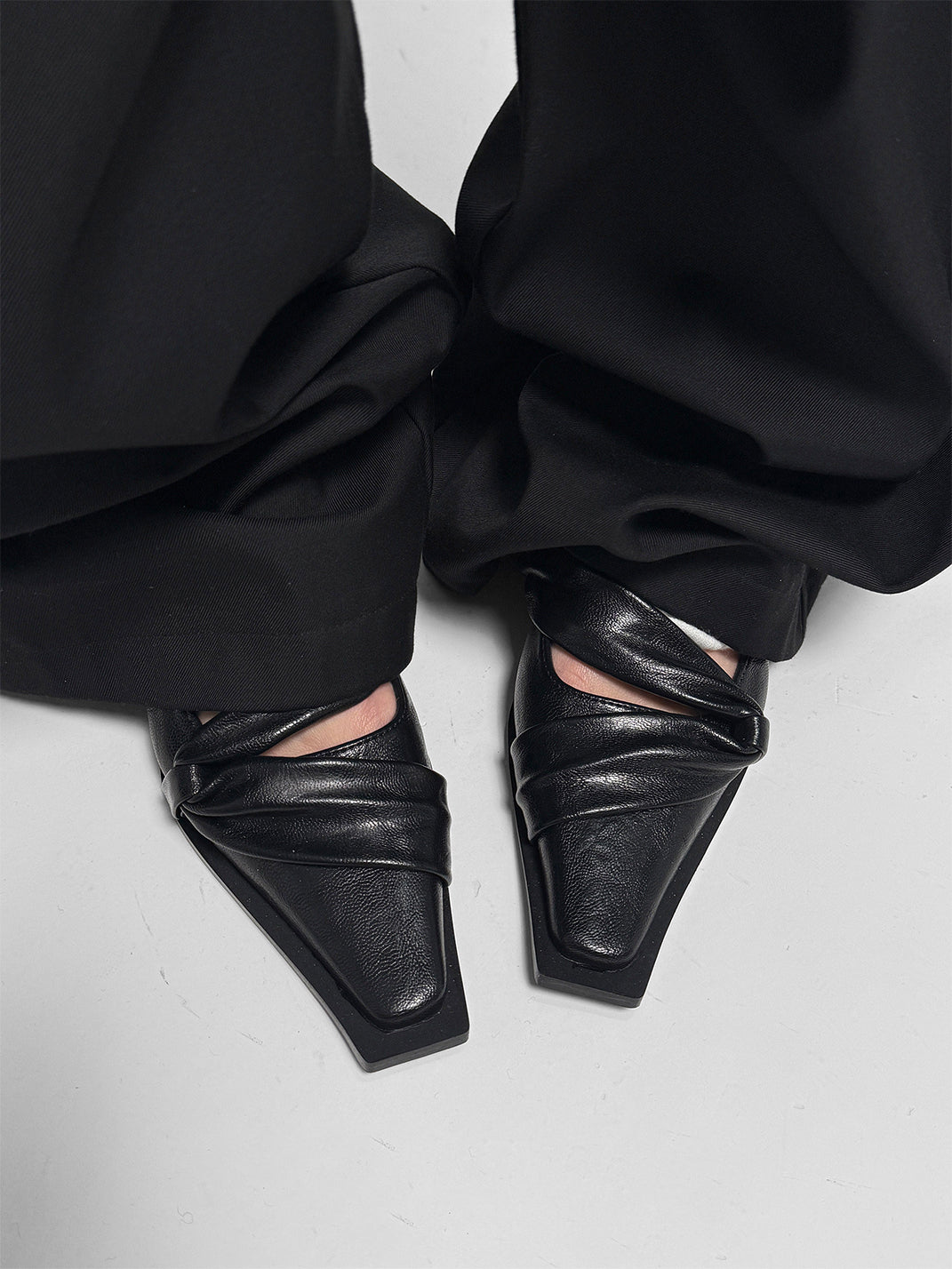 Black Knotted Square-Toe Leather Flats - View 7