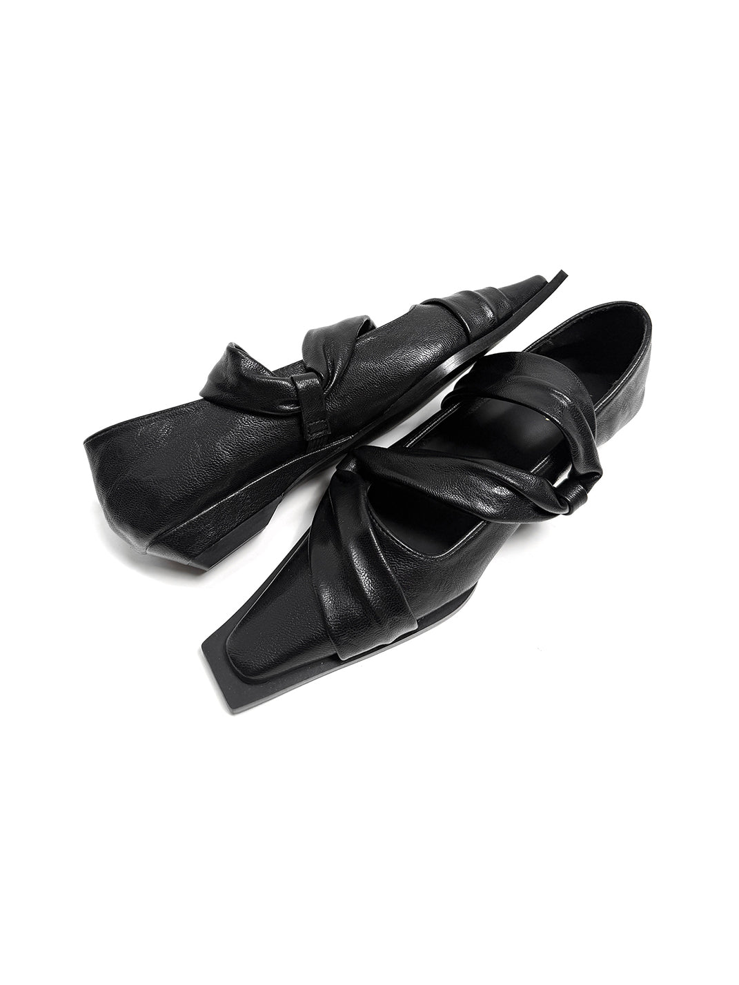 Black Knotted Square-Toe Leather Flats - View 12