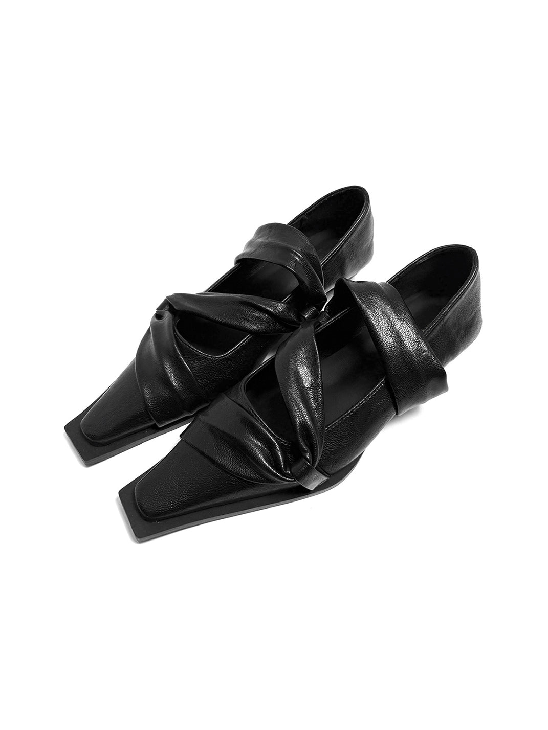 Black Knotted Square-Toe Leather Flats - View 13