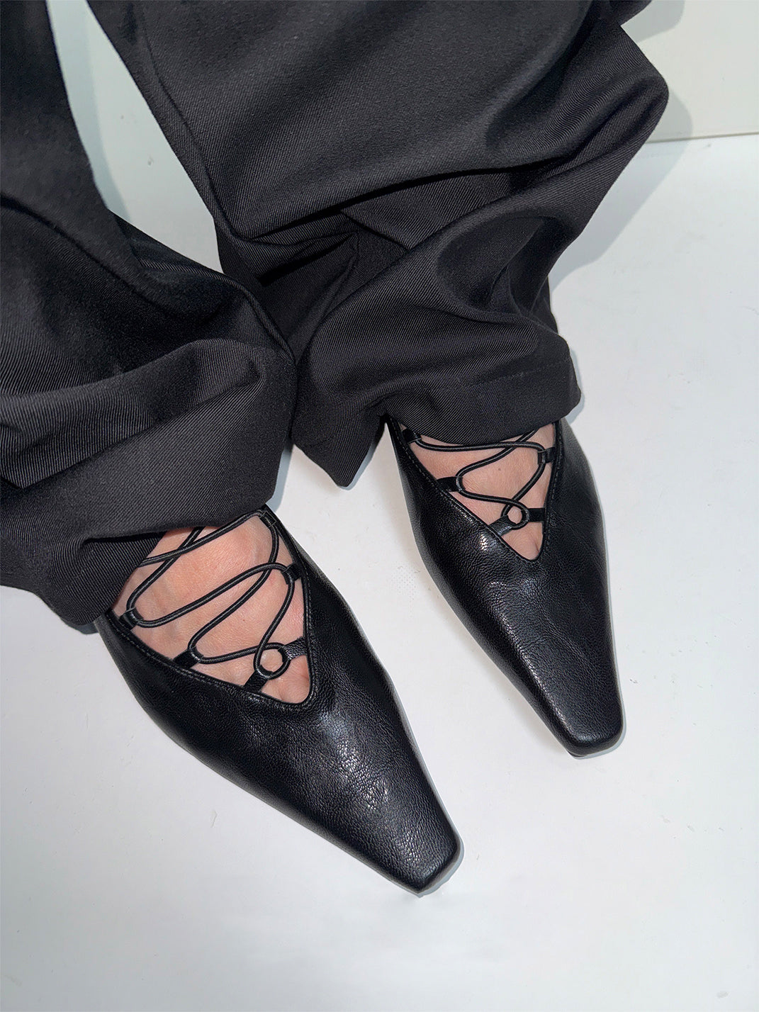 Black Lace-Up Mary Jane Ballet Flats - View 2