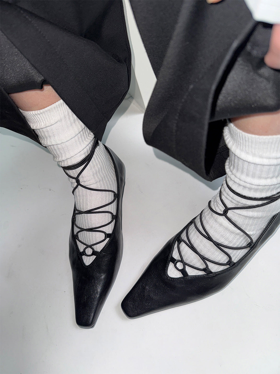 Black Lace-Up Mary Jane Ballet Flats - View 3