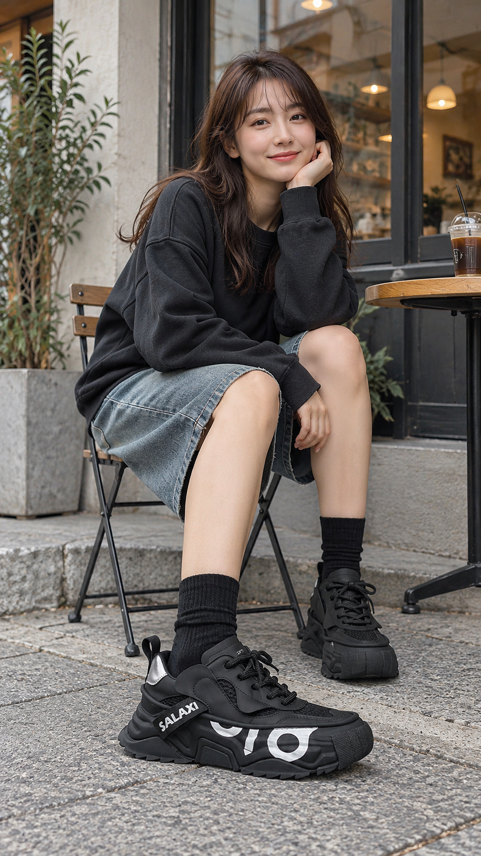 AI-styled showcase 1: Black OWL 3.0 Platform Sneakers in an everyday outfit setting.