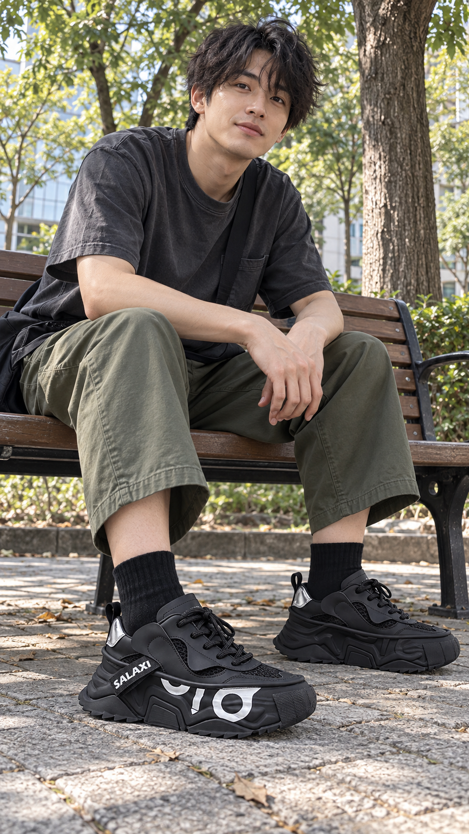 AI-styled showcase 3: Black OWL 3.0 Platform Sneakers in an everyday outfit setting.
