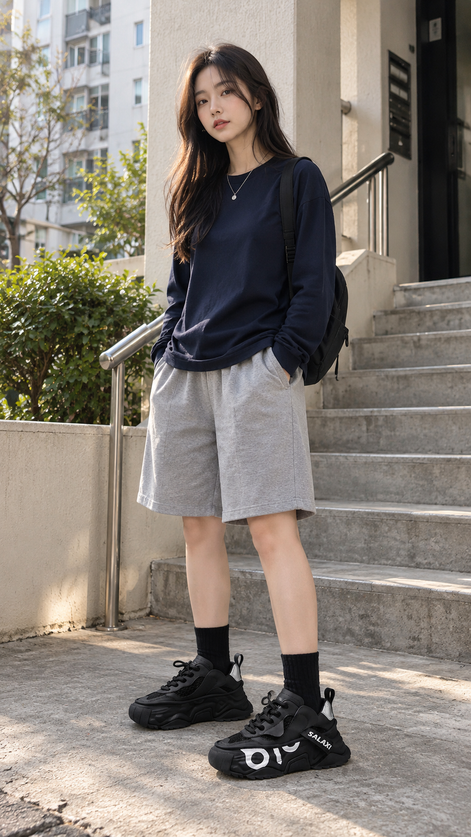 AI-styled showcase 4: Black OWL 3.0 Platform Sneakers in an everyday outfit setting.