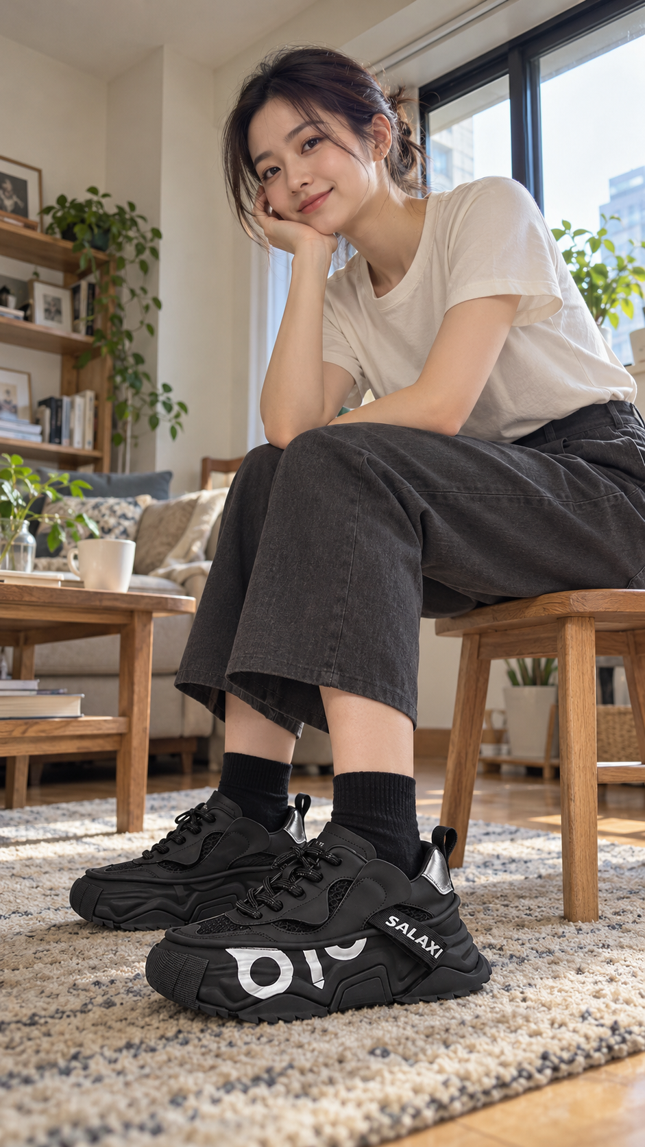 AI-styled showcase 5: Black OWL 3.0 Platform Sneakers in an everyday outfit setting.
