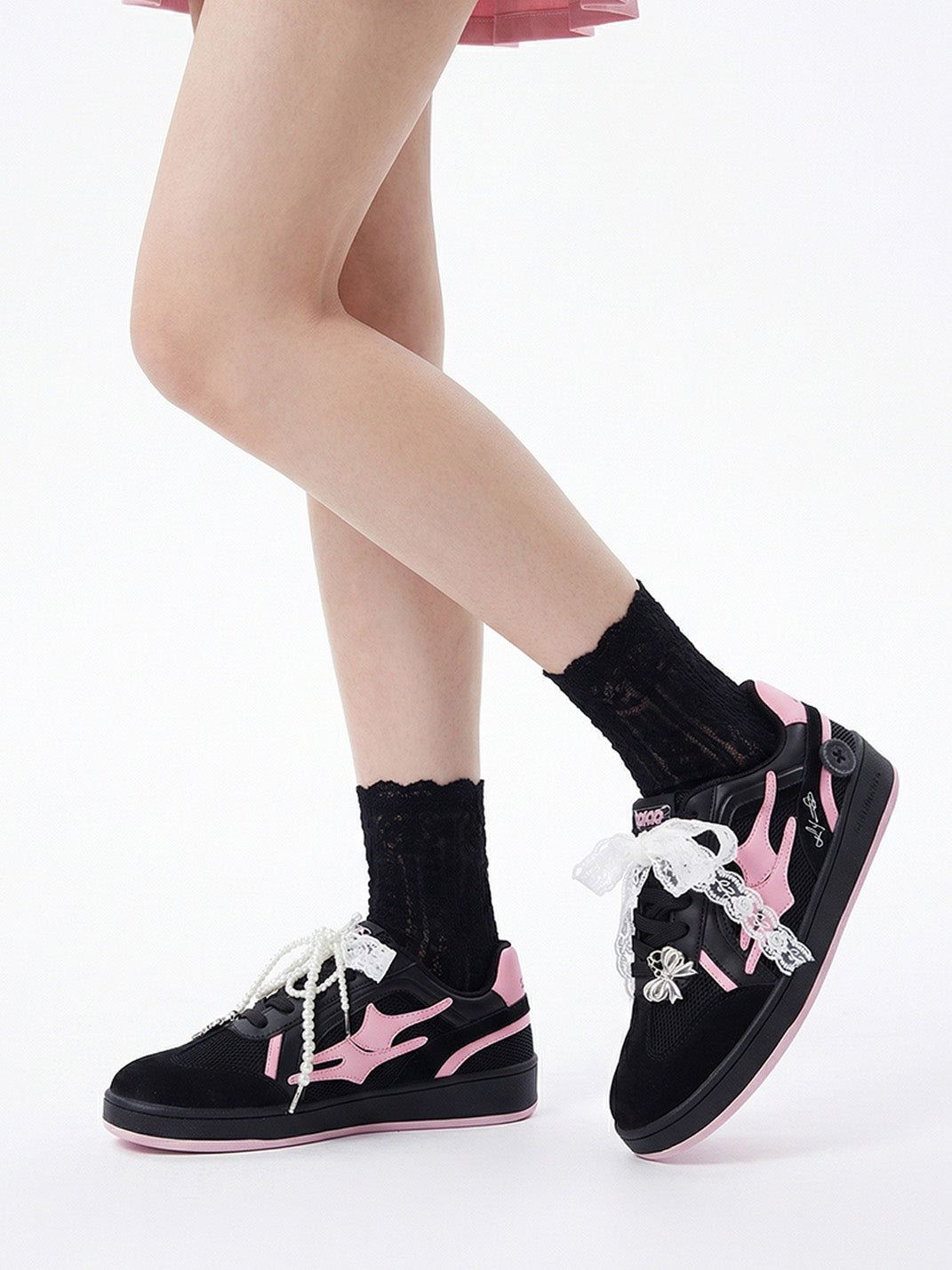 Black Pink Bow-Applique Trainer Sneakers - View 2