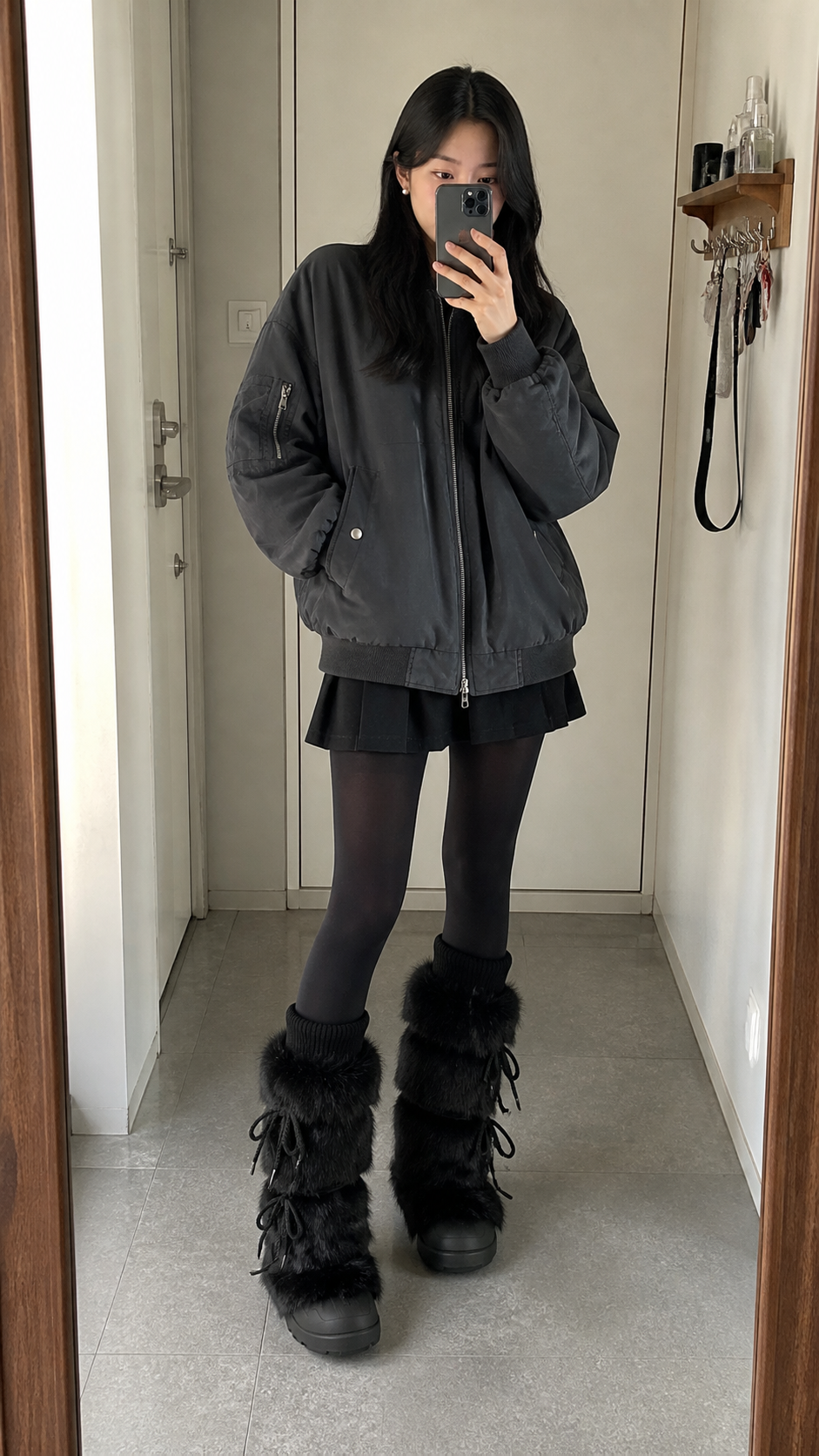 Black Plush-Lined Tall Platform Boots worn in a natural apartment mirror selfie
