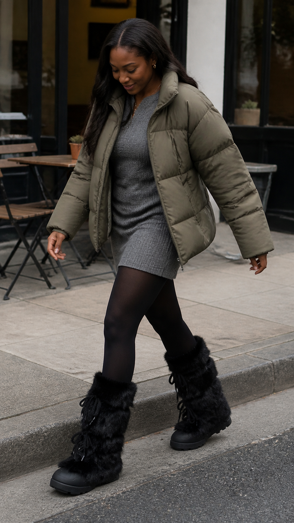 Black Plush-Lined Tall Platform Boots worn during a natural neighborhood coffee run