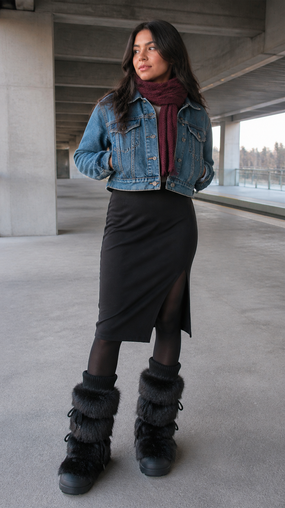 Black Plush-Lined Tall Platform Boots worn in a natural covered transit platform candid
