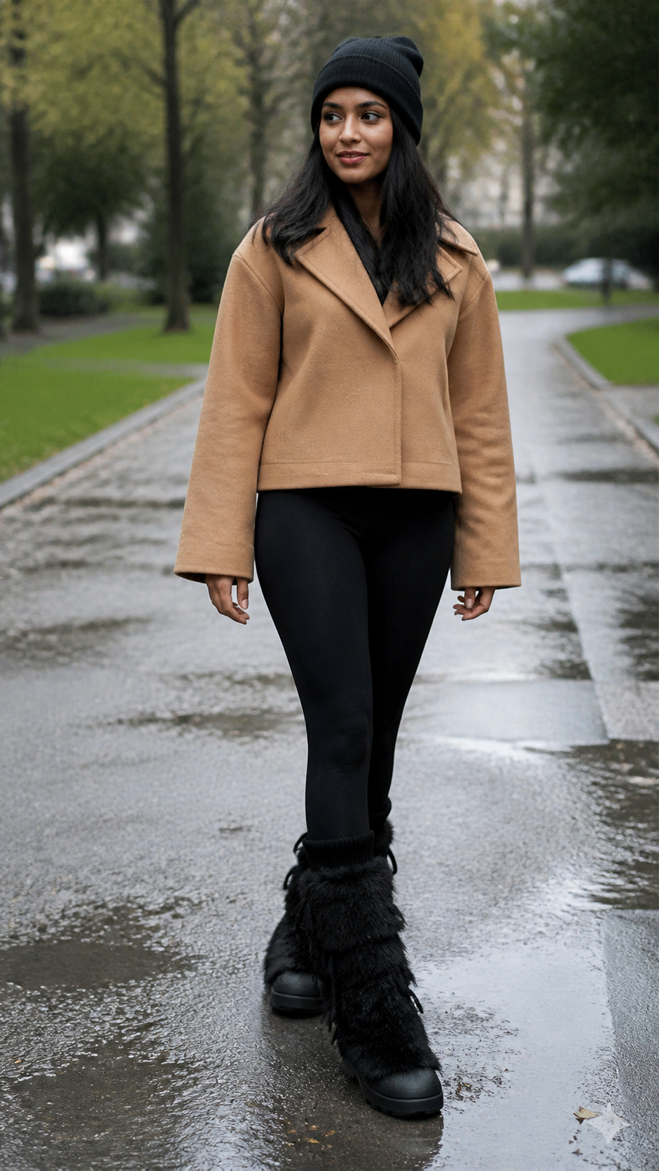 Black Plush-Lined Tall Platform Boots worn on a damp park path after rain