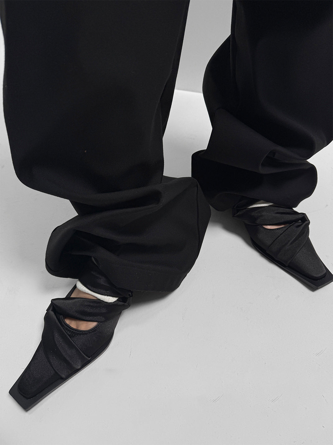 Black Satin Bow Square-Toe Ballet Flats - View 5