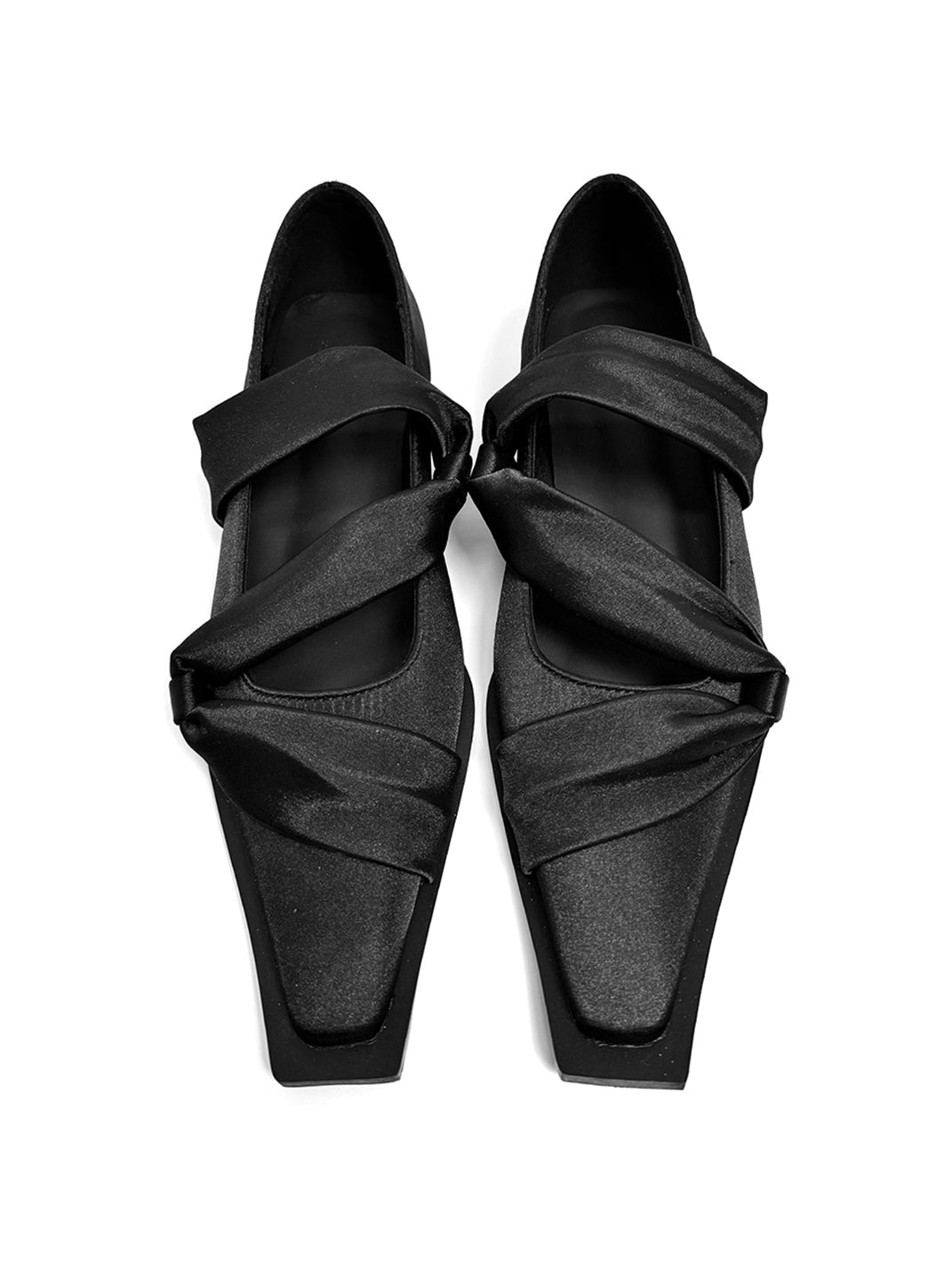 Black Satin Bow Square-Toe Ballet Flats - View 6