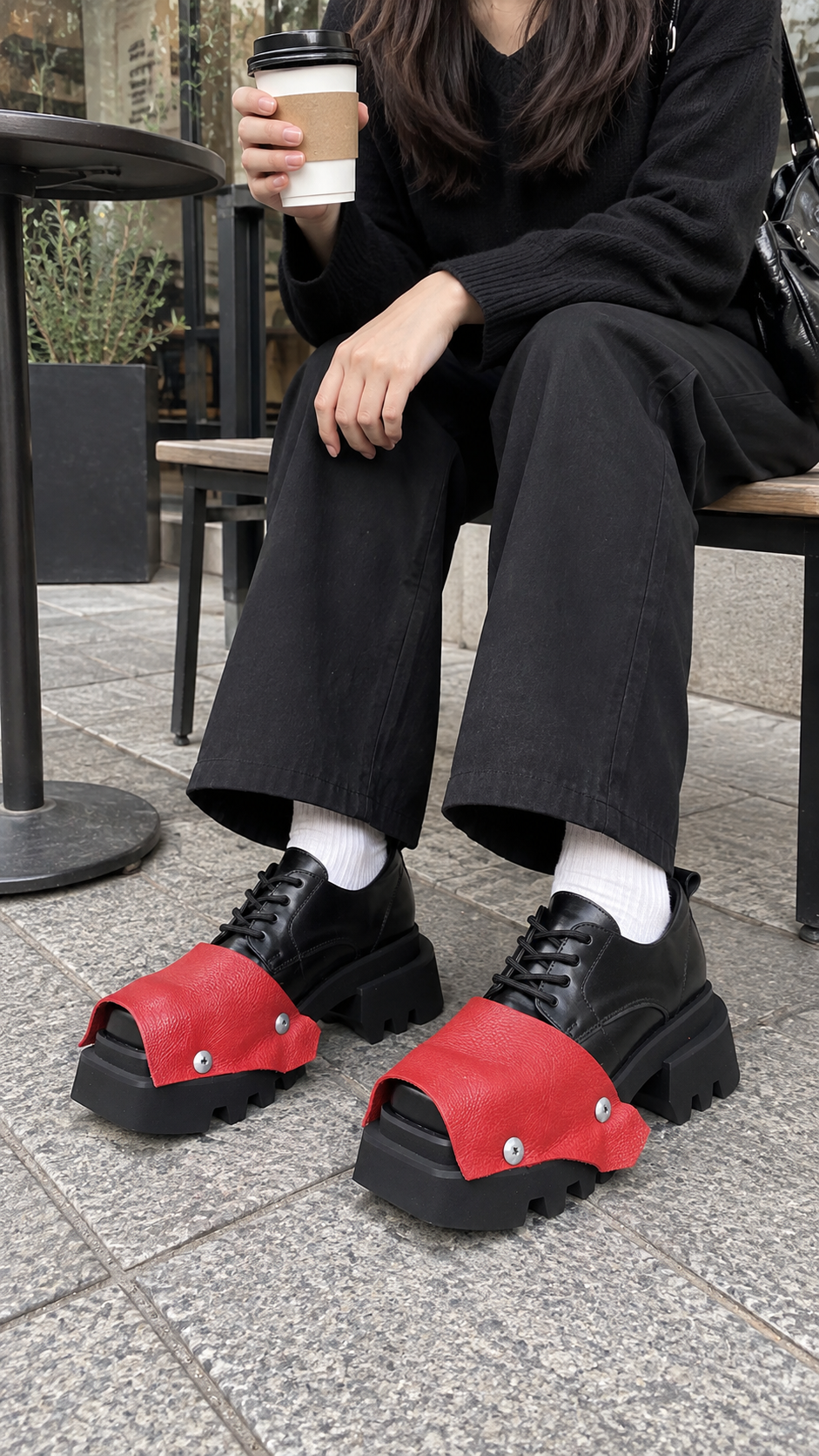 AI-styled look: Black Trendy Square-Toe Derby Shoes — Cafe bench