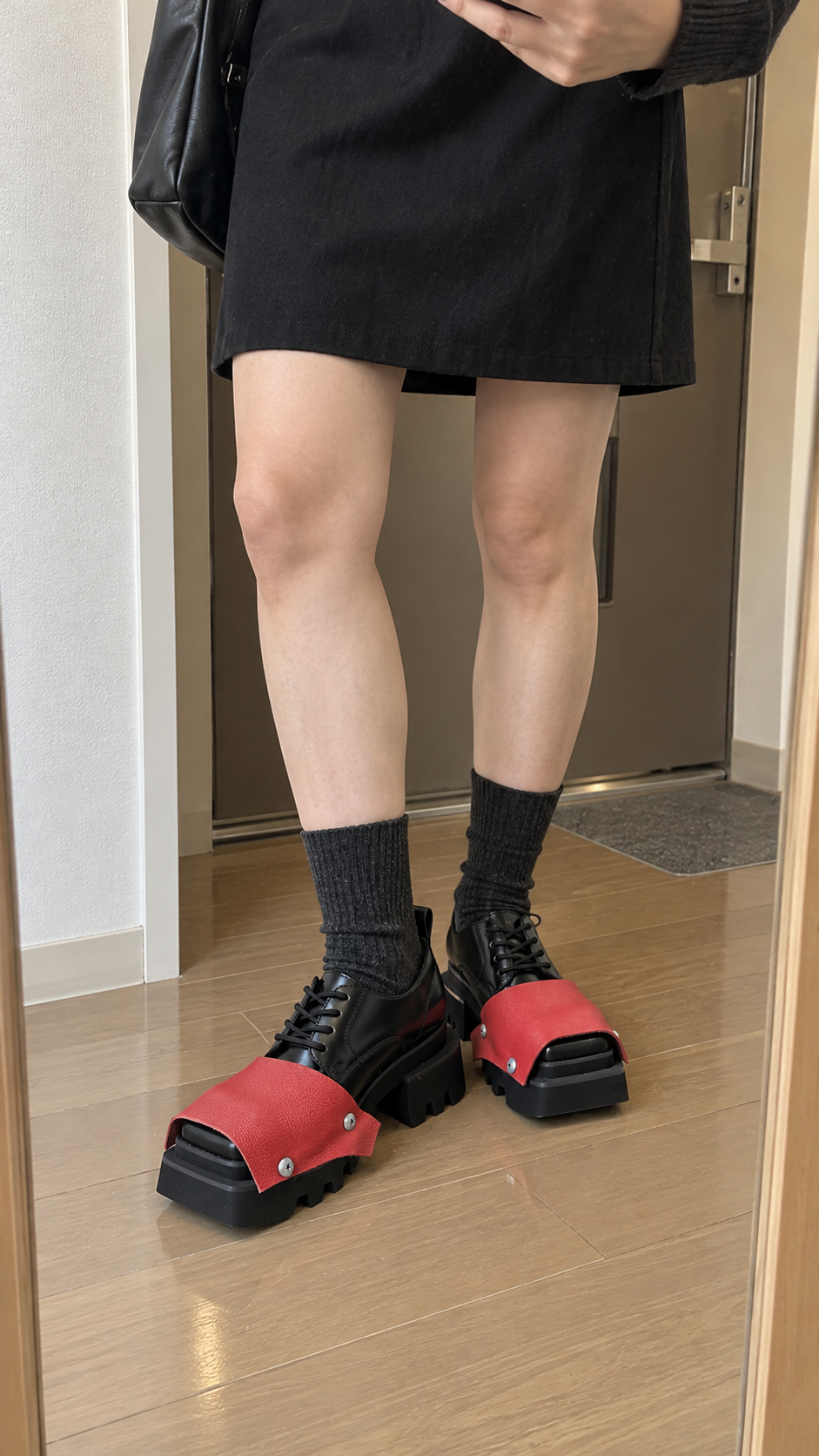 AI-styled look: Black Trendy Square-Toe Derby Shoes — Hallway mirror