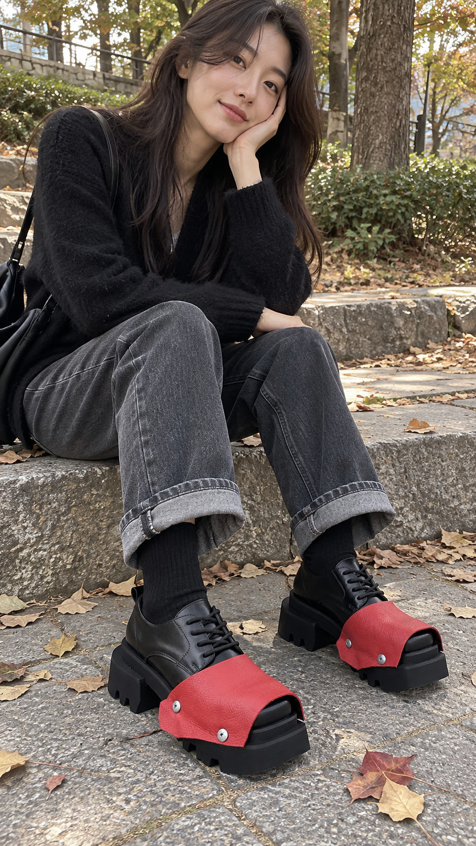 AI-styled look: Black Trendy Square-Toe Derby Shoes — Park steps