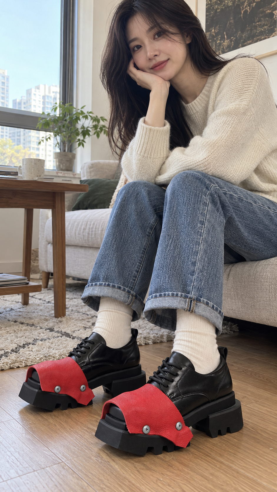 AI-styled look: Black Trendy Square-Toe Derby Shoes — Living room