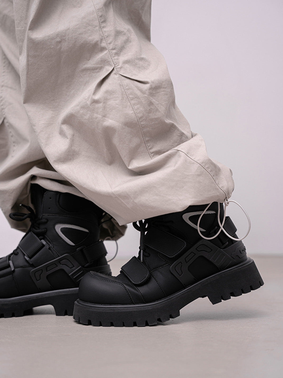 Black Velcro-Strap Lug-Sole Moto Boots - View 3