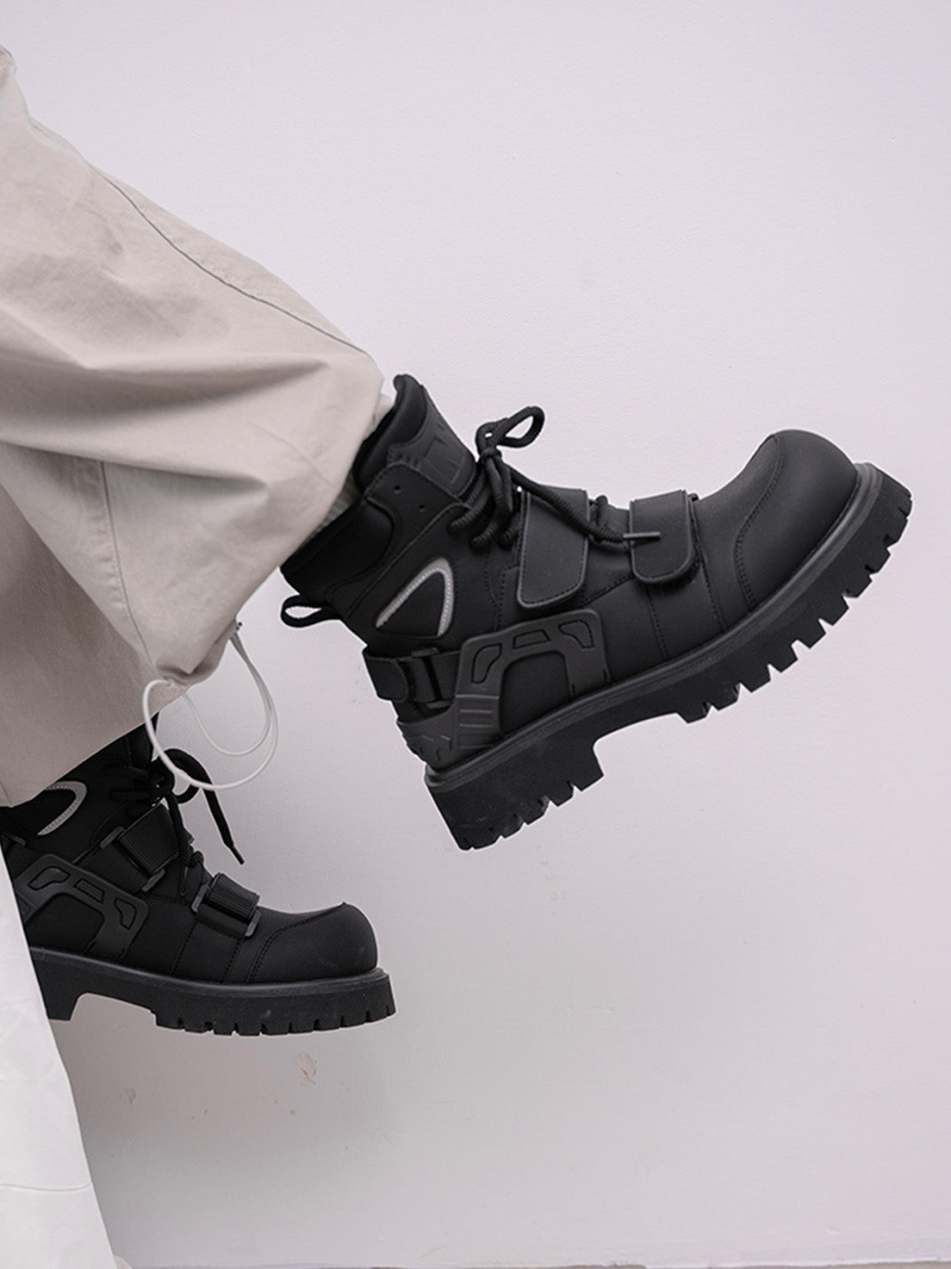Black Velcro-Strap Lug-Sole Moto Boots - View 9