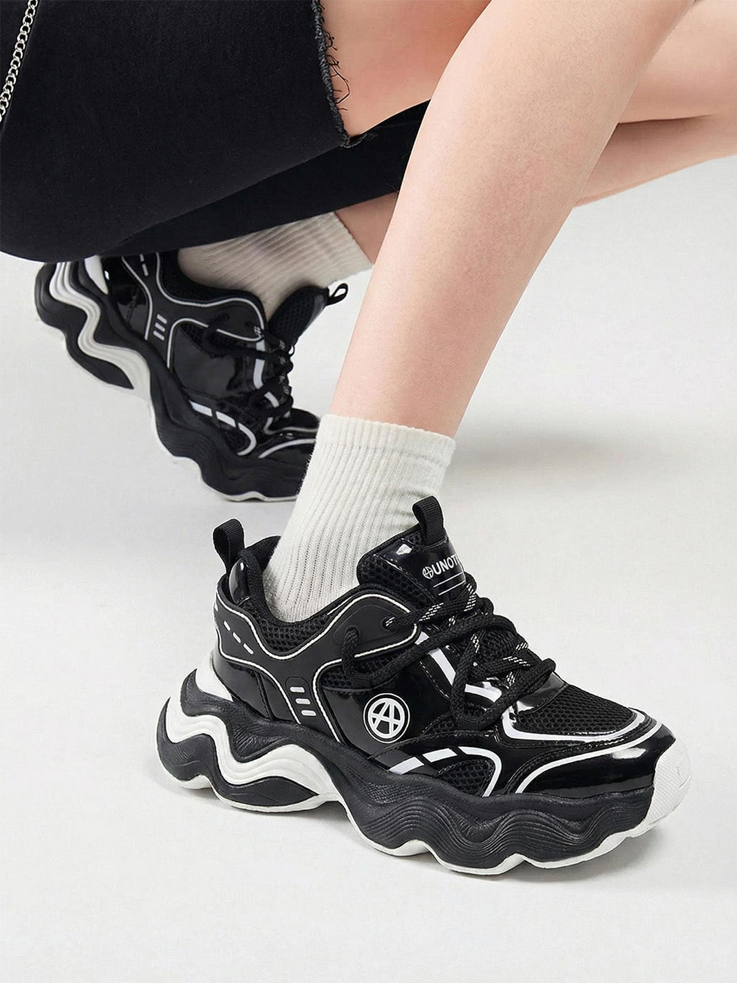 Black Wave-Sole Chunky Dad Sneakers - View 2