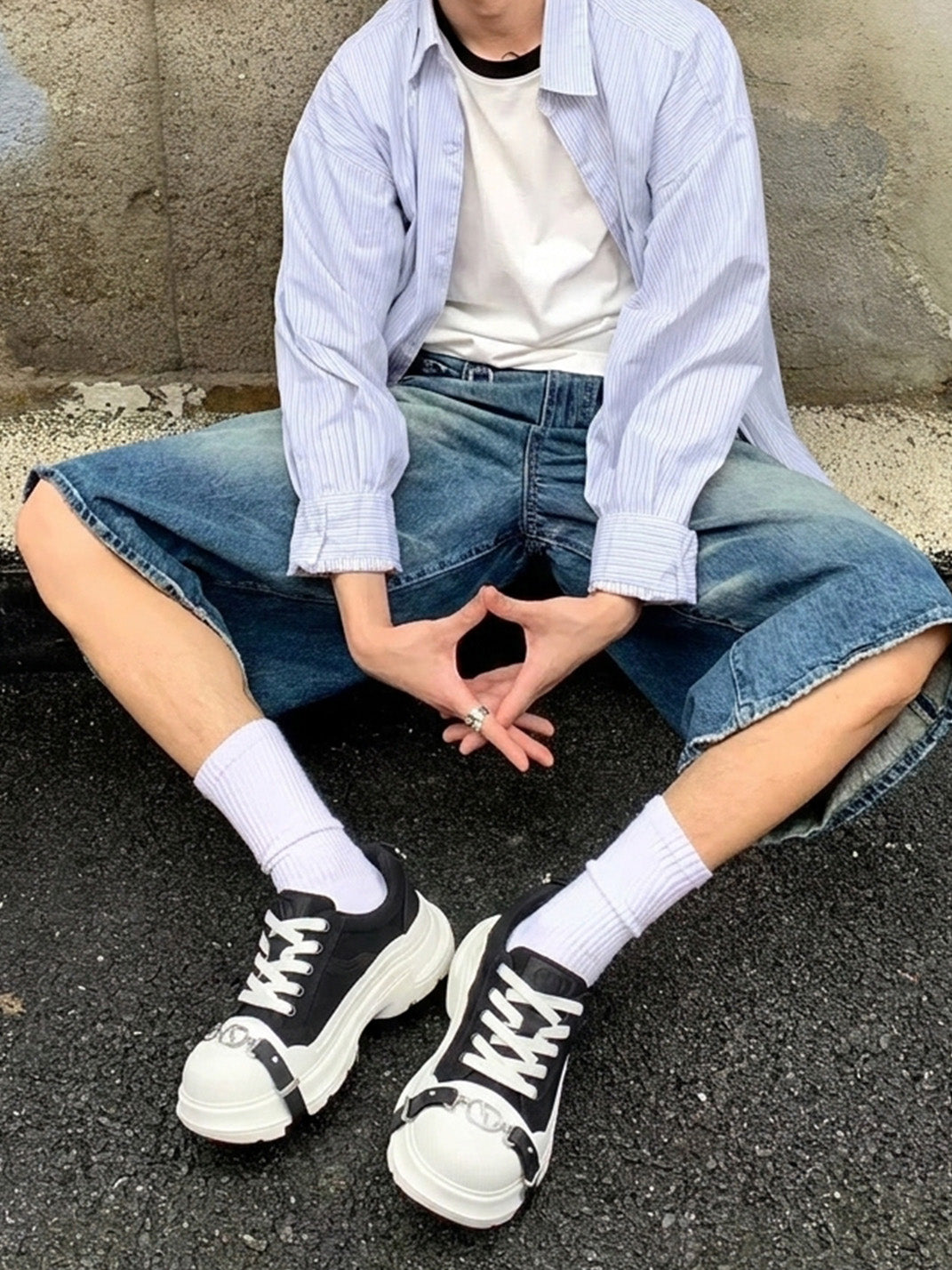 Black White Buckle Platform Canvas Sneakers - View 2