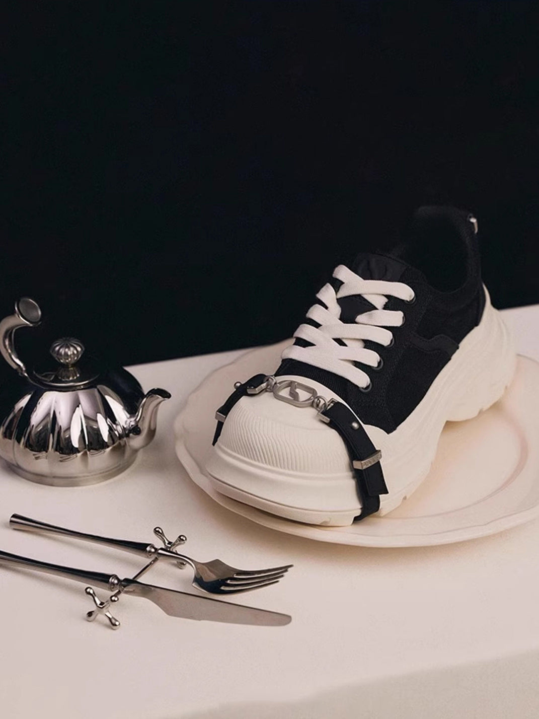 Black White Buckle Platform Canvas Sneakers - View 5