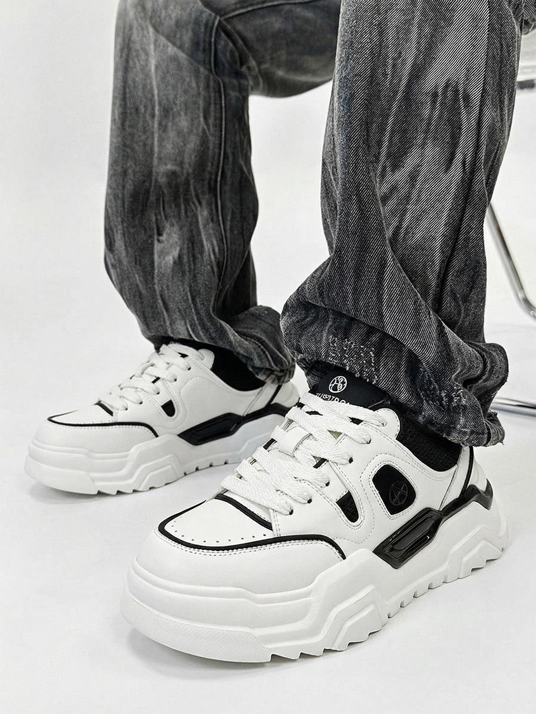 Black White Cutout Platform Sneakers - View 2