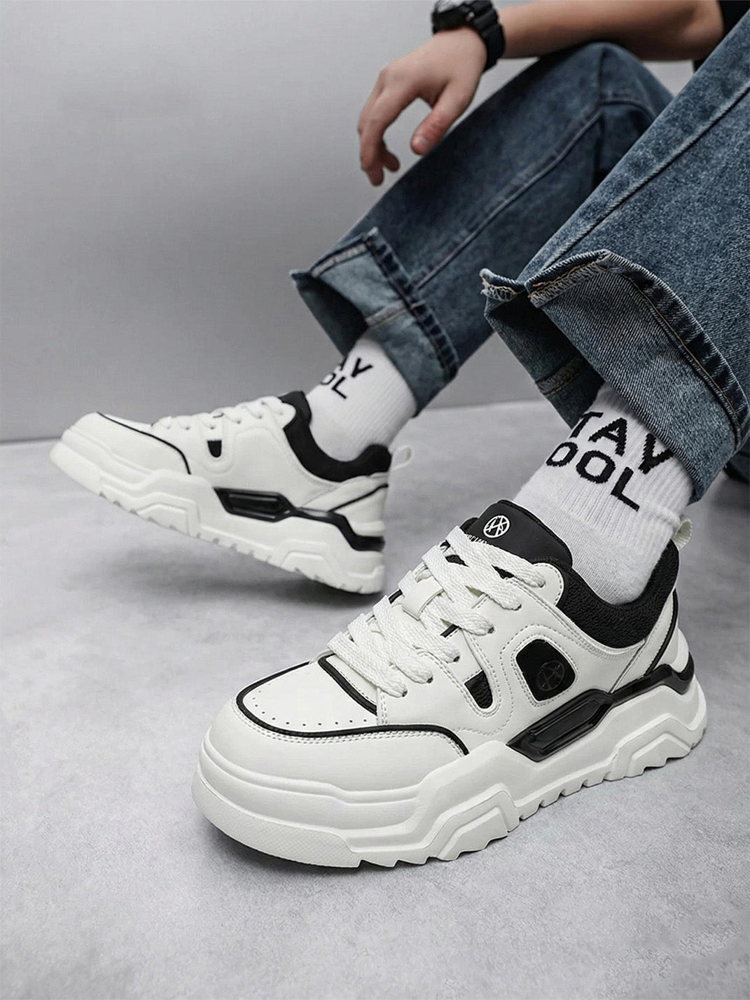 Black White Cutout Platform Sneakers - View 3