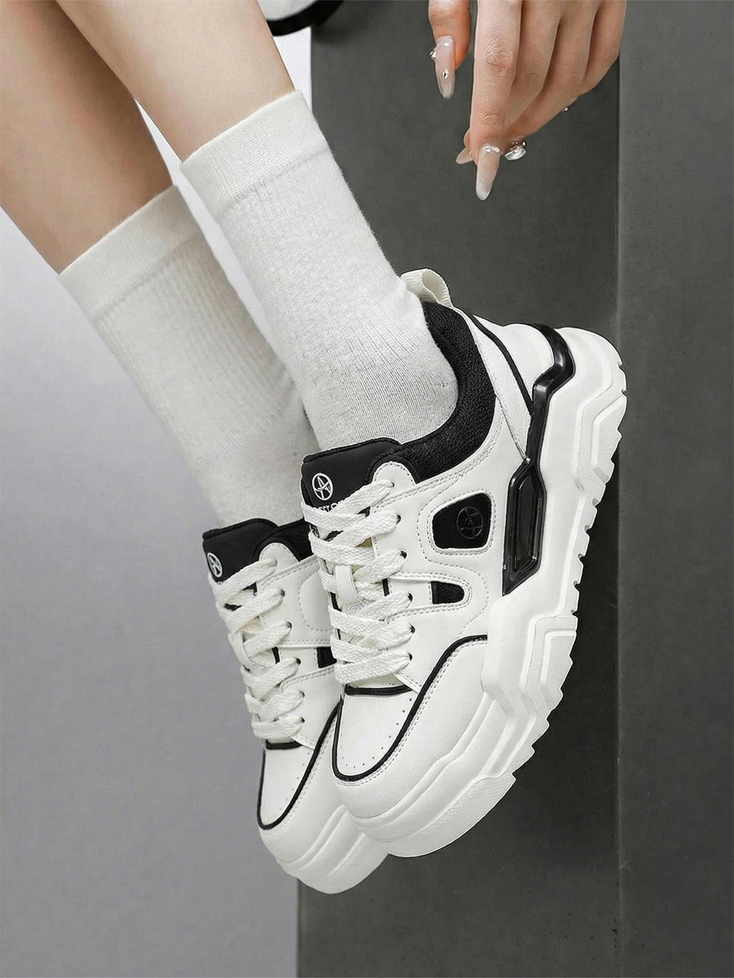Black White Cutout Platform Sneakers - View 4