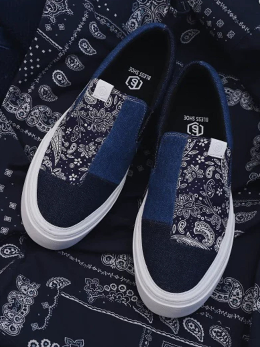 Blue Paisley Patchwork Slip-On Sneakers - View 6