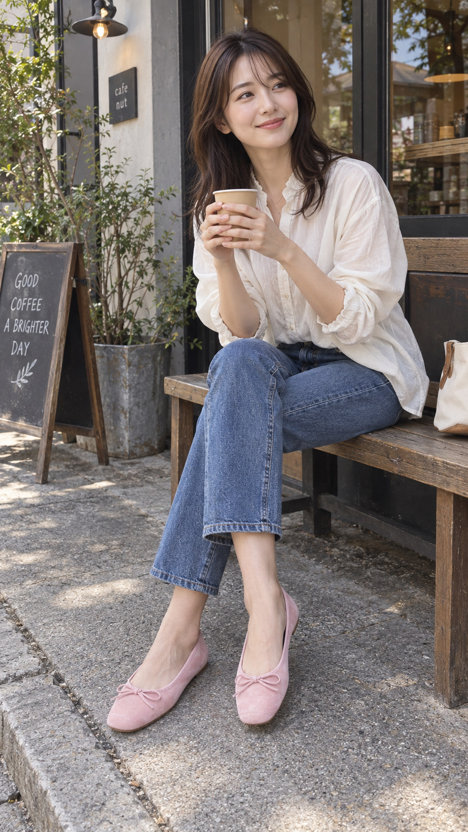 Bow-Trim Velvet Square-Toe Ballet Flats in Light Pink — café; AI-generated lifestyle showcase
