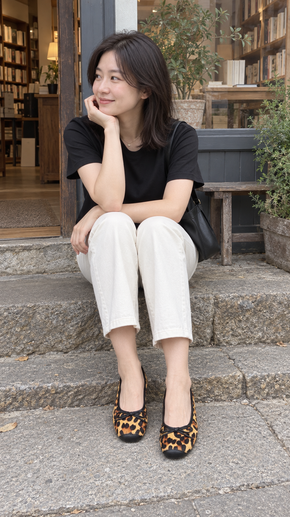 Bow-Trim Velvet Square-Toe Ballet Flats in Leopard Print — bookshop; AI-generated lifestyle showcase
