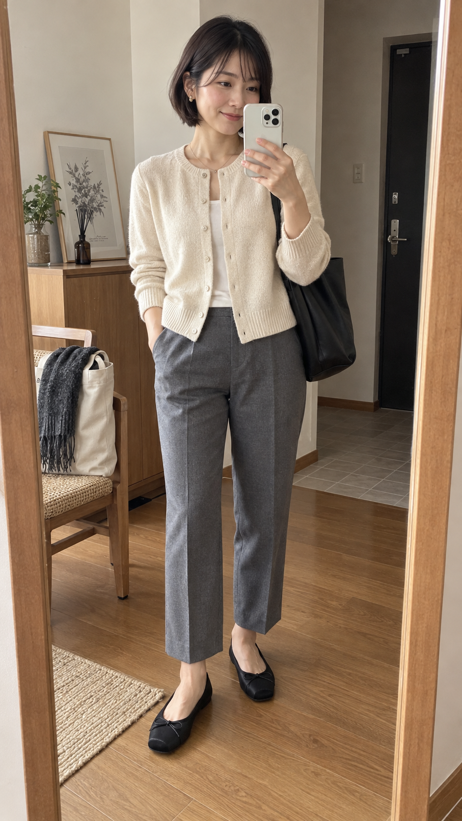 Bow-Trim Velvet Square-Toe Ballet Flats in Pearl Black — mirror selfie; AI-generated lifestyle showcase