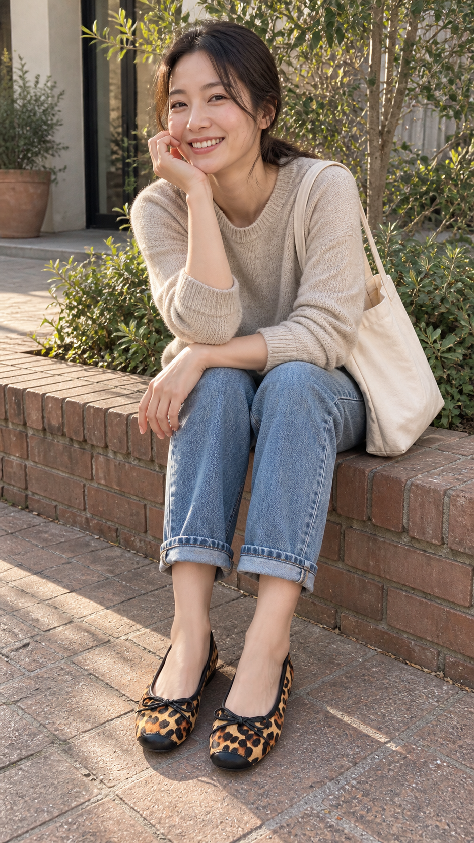 Bow-Trim Velvet Square-Toe Ballet Flats in Leopard Print — courtyard; AI-generated lifestyle showcase