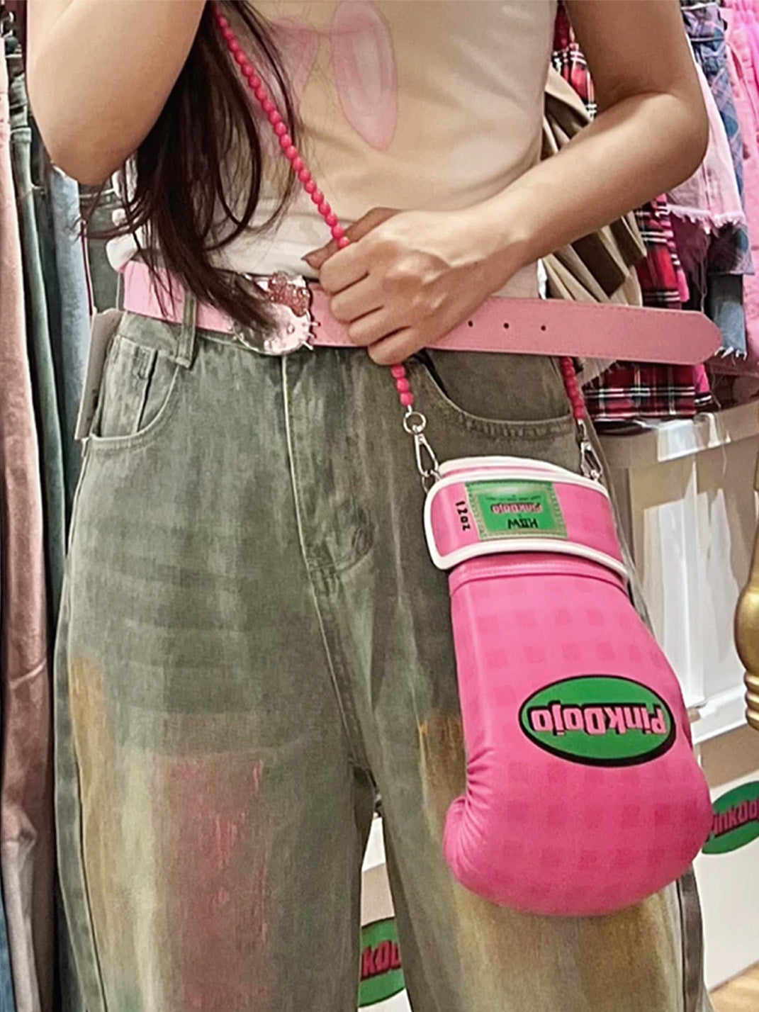 Boxing-Glove Plaid Beaded-Strap Mini Bag — product view 2