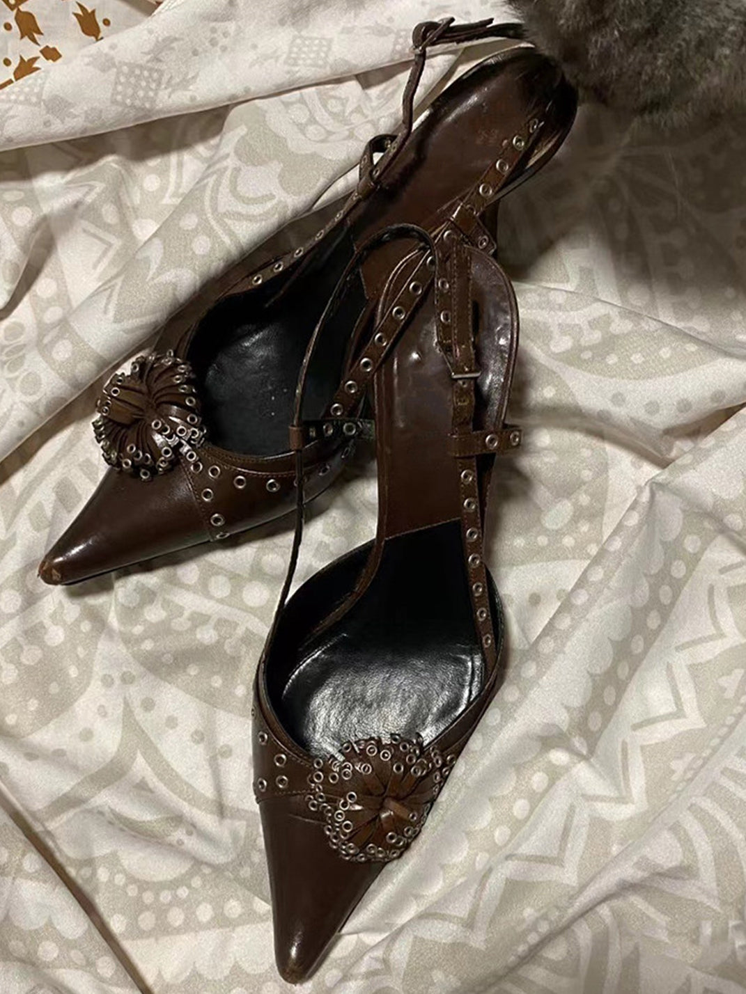 Brown Crystal-Stud Pointed Slingback Heels - View 2