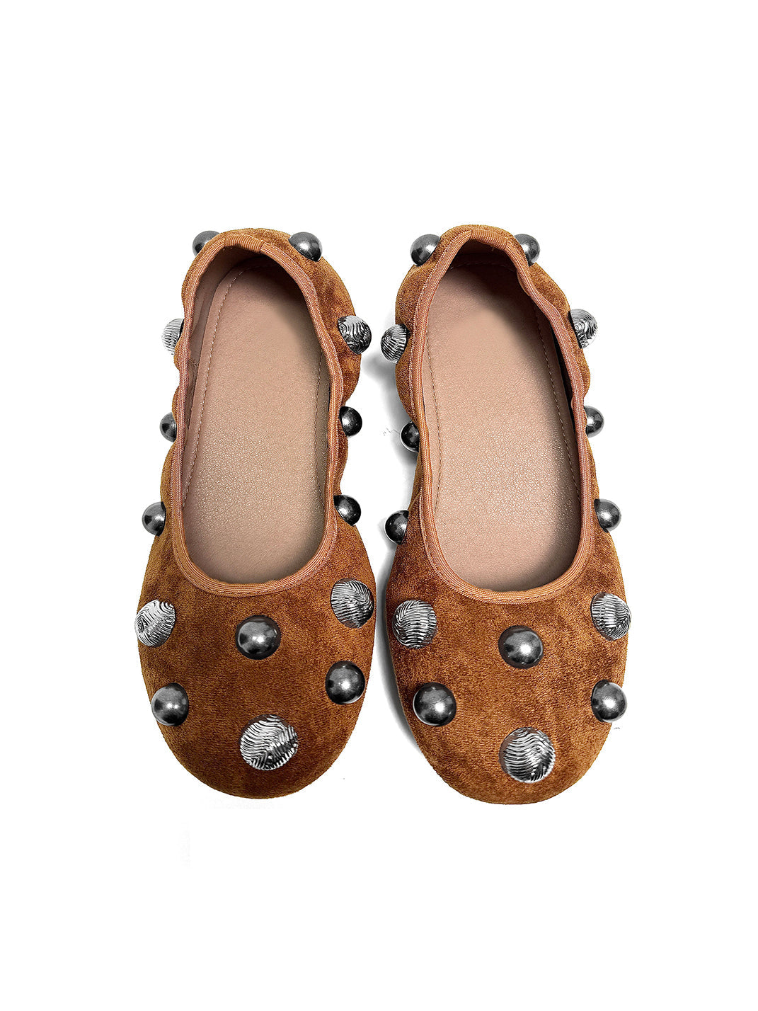Brown Crystal-Stud Suede Ballet Flats - View 2